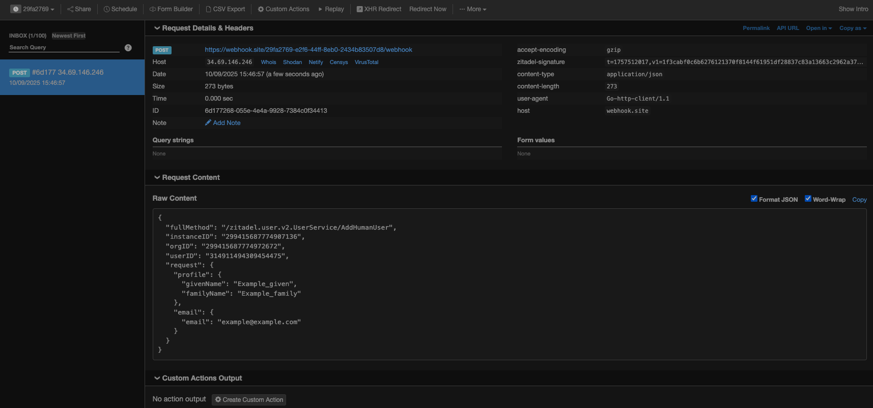Screenshot: Webhook.site request log
