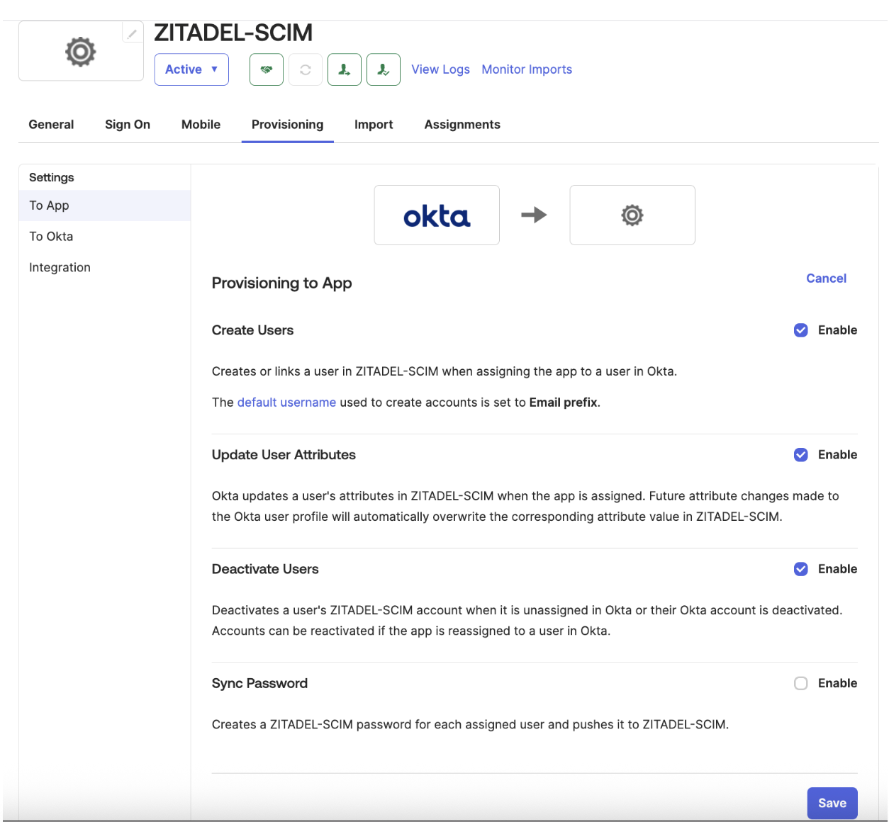 Enable provisioning to App in Okta